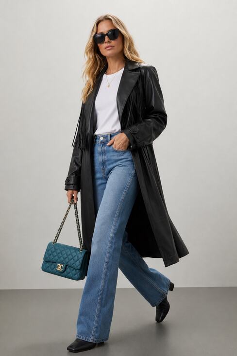 Jason Wu Jackets & Blazers - JASON WU Black Faux Leather Long Fringe Trench Style Tie Waist Jacket size XS